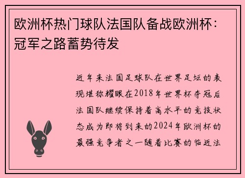 欧洲杯热门球队法国队备战欧洲杯：冠军之路蓄势待发