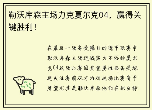 勒沃库森主场力克夏尔克04，赢得关键胜利！
