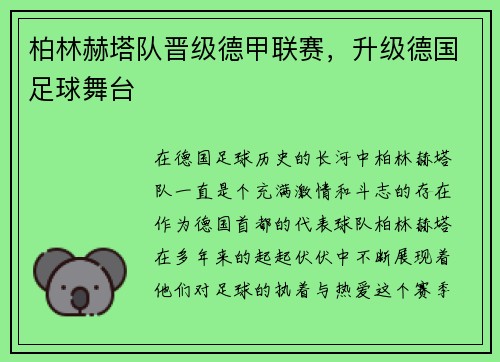 柏林赫塔队晋级德甲联赛，升级德国足球舞台